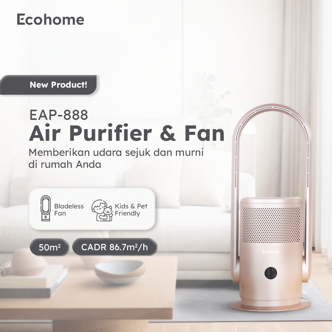 ECOHOME Air Purifier & Fan EAP888 Pembersih Udara Osilasi 90° Bladeless Fan with Remote HEPA Filter