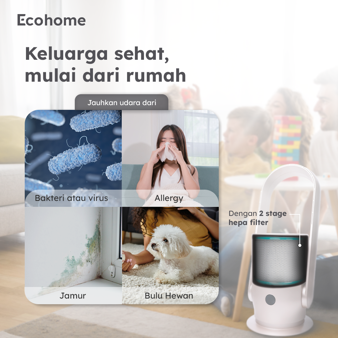 ECOHOME Air Purifier & Fan EAP888 Pembersih Udara Osilasi 90° Bladeless Fan with Remote HEPA Filter