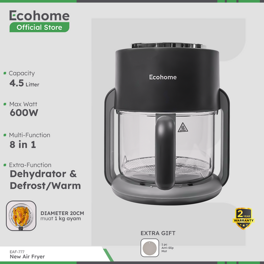 ECOHOME Air Fryer & Dehydrator 8 in 1 Function EAF777 4.5L Capacity with Panoramic Glass 360° View