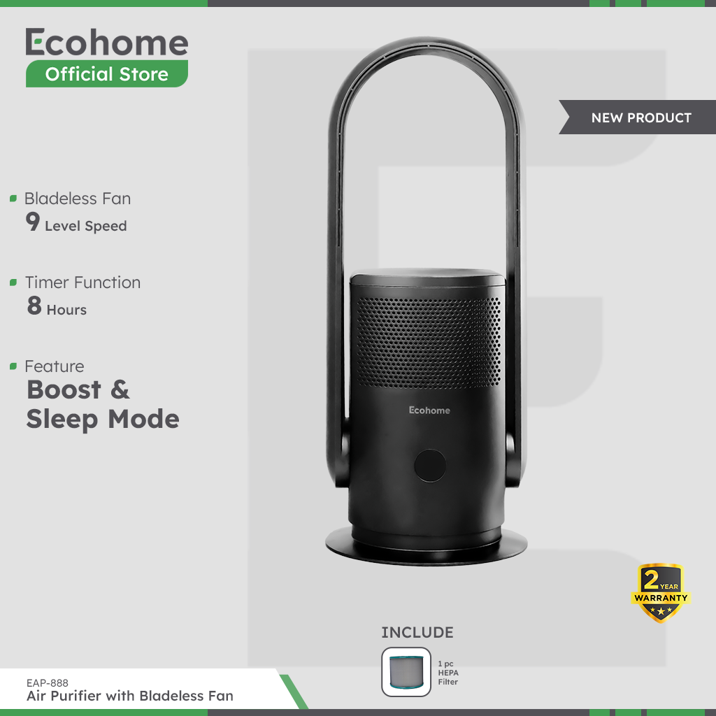 ECOHOME Air Purifier & Fan EAP888 Pembersih Udara Osilasi 90° Bladeless Fan with Remote HEPA Filter
