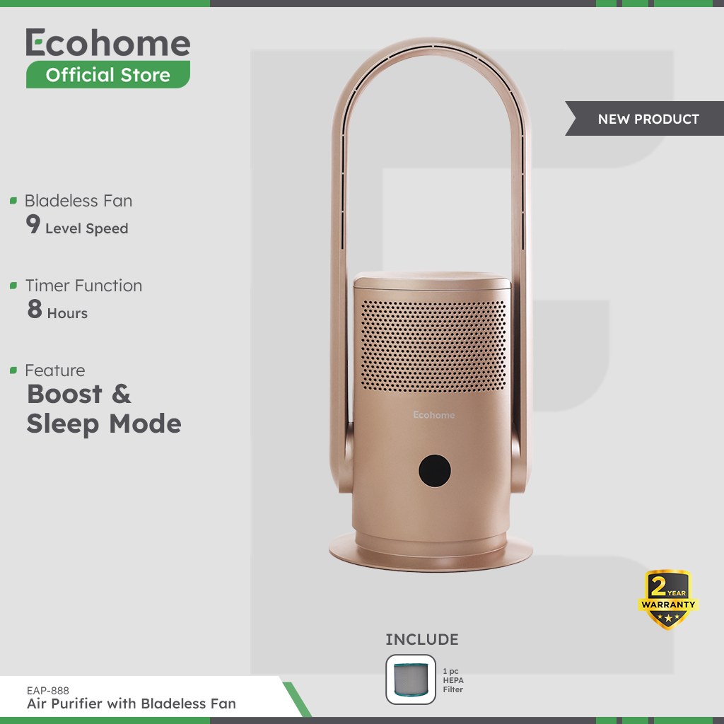 ECOHOME Air Purifier & Fan EAP888 Pembersih Udara Osilasi 90° Bladeless Fan with Remote HEPA Filter