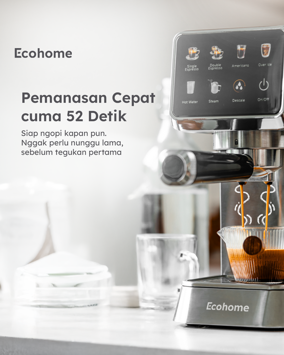 Ecohome Semi-automatic Espresso Machine EEM888 Mesin Kopi Espresso desain stylish dengan Tekanan 20 Bar untuk Pemakaian Rumah Layar Touchscreen