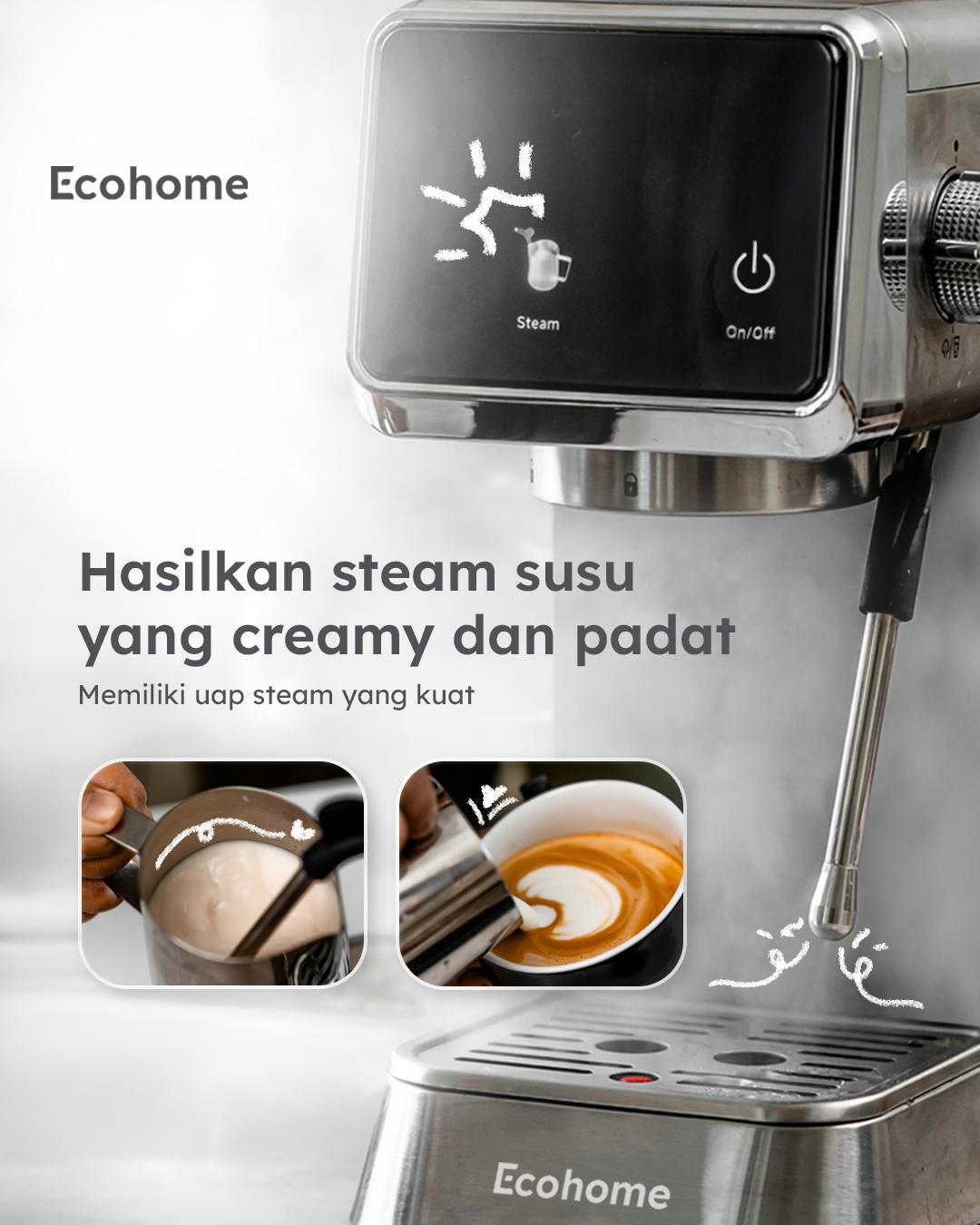 Ecohome Semi-automatic Espresso Machine EEM888 Mesin Kopi Espresso desain stylish dengan Tekanan 20 Bar untuk Pemakaian Rumah Layar Touchscreen