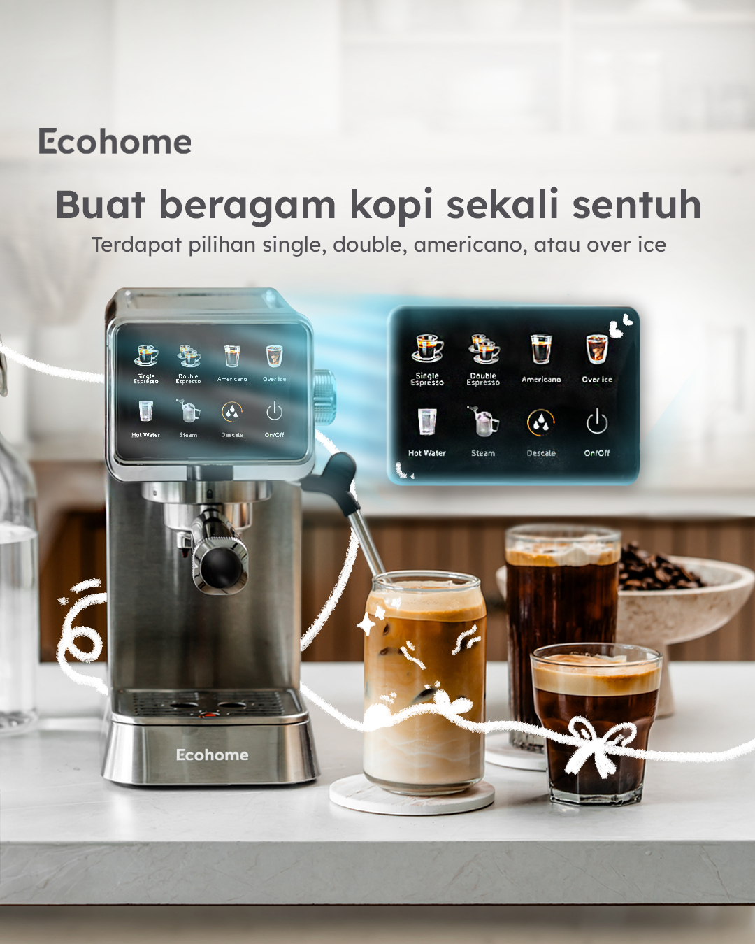 Ecohome Semi-automatic Espresso Machine EEM888 Mesin Kopi Espresso desain stylish dengan Tekanan 20 Bar untuk Pemakaian Rumah Layar Touchscreen