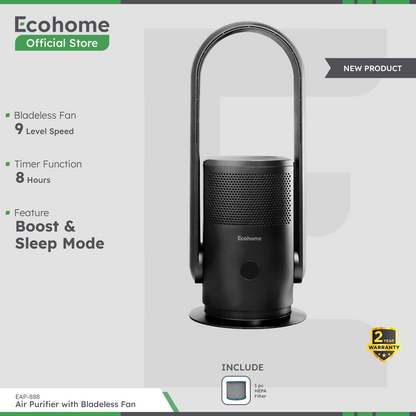 ECOHOME Air Purifier & Fan EAP888 Pembersih Udara Osilasi 90° Bladeless Fan with Remote HEPA Filter