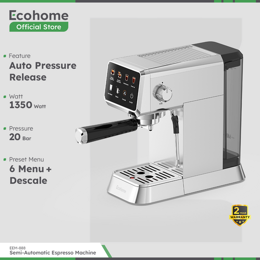 Ecohome Semi-automatic Espresso Machine EEM888 Mesin Kopi Espresso desain stylish dengan Tekanan 20 Bar untuk Pemakaian Rumah Layar Touchscreen