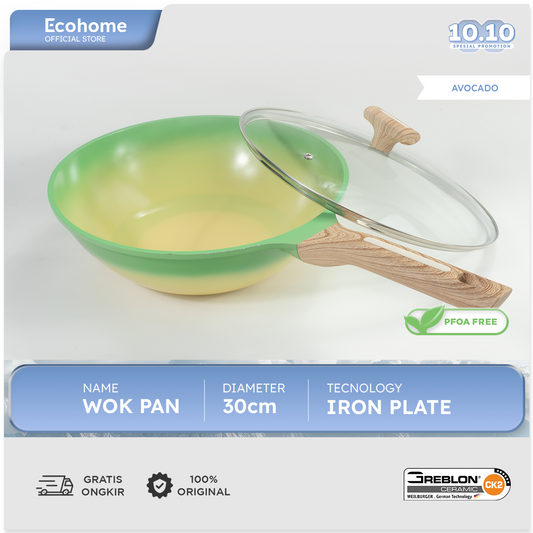 Ecohome Cookware | Wok Pan 30 cm | Ceramic Coating | Anti Lengket